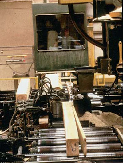 A band mill cuts the log into long boards.