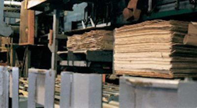 Stacks of peeled veneer wait to be dried and assembled.