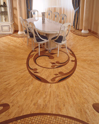 Finnish birch creates the field for an ornamental pattern including American walnut, birch, wenge, quartersawn oak and wood from a plane tree in this Moscow flat. 'Uniqueness of the design was of the essence to the customer,'' Davydov says.