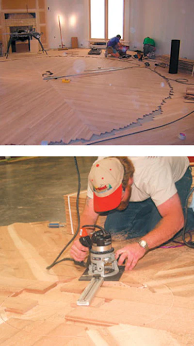 Swing arms attached to a stationary base plate router can be used to cut radii large or small.