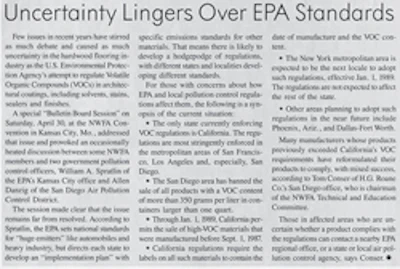 At the time of this article from the June/July 1988 issue, California was the only state regulating VOCs. The article accurately predicts that 'there is likely to develop a hodgepodge of regulations, with different states and localities developing different standards.'