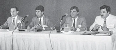 In the June/July 1988 issue, coverage of the convention included this photo of a panel discussion on 'Hardwood Floors for All Rooms'—apparently a novel idea at the time. Participants included (left to right), Hugh Pugsley, Dennis Parks, current NWFA Chairman of the Board Joe Audino and Don Connor.