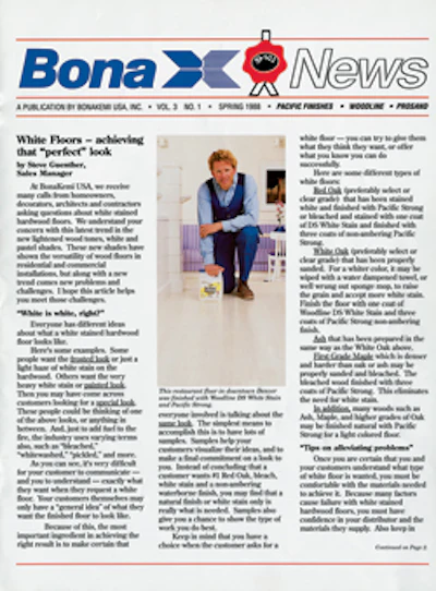 This BonaKemi informational insert from the April/May 1988 issue provides guidance on how to achieve different white floor looks, from the 'frosted look' to the 'painted look.'