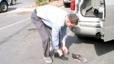 Safety first: Van Blaricom changes into appropriate commercial job-site gear.