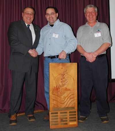 Mwpa Executive Director Bob Mac Gregor, Along With Special Guest Governor Paul Le Page, Present The Award To Denis Carrier, President Of Kennebec Lumber Company, During A Dinner On Jan 19