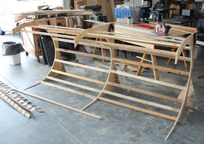 Brent Sommerhauser used this custom-made wood form to bend pieces of wood flooring he made himself for his art installation 'Curl.'