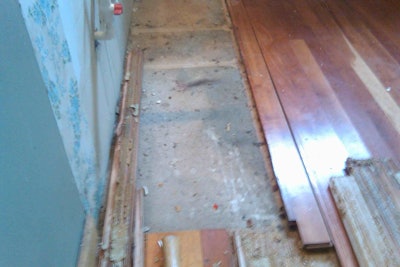 cherry wood floor glued to pressboard