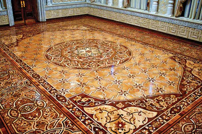 Parquetry wood floor in Tajikistan's National Teahouse inside Culture Park of Dangara