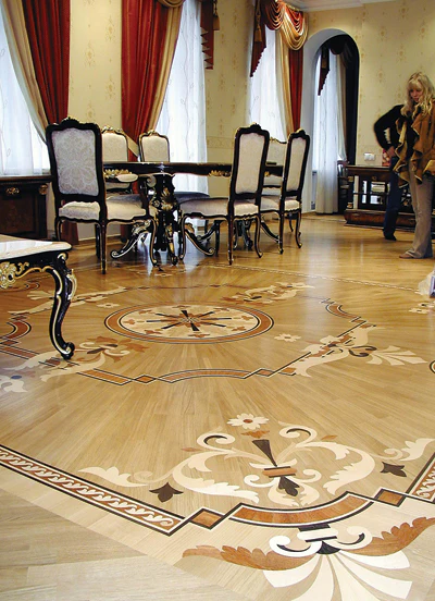 partially recycled and renovated wood floor made from white oak, wenge, maple and akaju