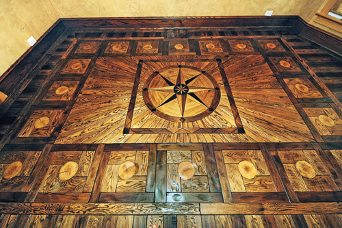 custom wood floor made of red oak, white oak, walnut, wenge and maple with a satin water-based finish