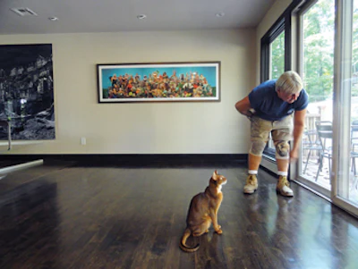 As the homeowner's cat looks on, Gary inspects a callback floor in Upper Saddle River, N.J.
