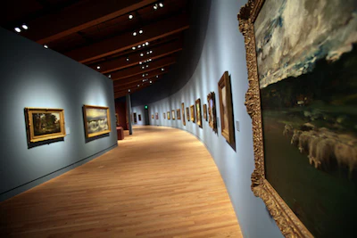 Wood flooring and interior at Crystal Bridges Museum of American Art in Bentonville, Arkansas, a museum with ties to Walmart