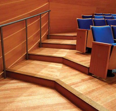 For safety reasons, red oak bullnosing was given a darker stain.
