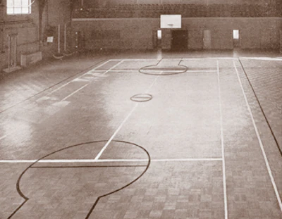 Assembled maple blocks from Robbins form the tennis and basketball courts at the Naval Militia in New Rochelle, N.Y., circa 1934.