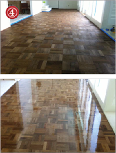 Photo of water-damaged parquet repair steps