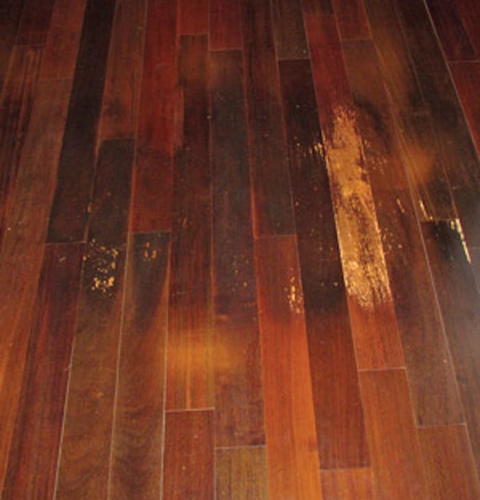 photo of wood floor with blister problem