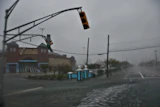 A view out the back of a New Jersey Army National Guard M35 2½ ton cargo truck conducting relief operations on Monday in Atlantic City, N.J. Photo courtesy of New Jersey Army National Guard.