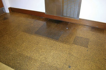 (BEFORE) These before and after photos show an area under a water fountain where the cork had badly discolored. Although the flooring appears to be the worst under the water fountain, the floor had no apparent water damage, as the tiles were not cupped, peaked or loose.