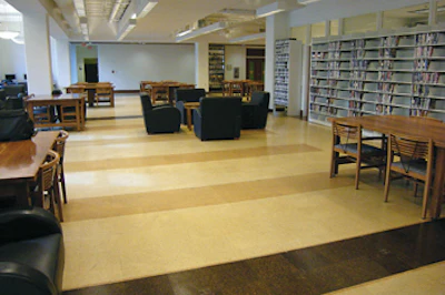 (BEFORE) These before and after photos show the same area taken from opposite sides. In the before photo, what appears to be stripes of darker cork in the floor are replacement tiles that had been done a couple years before; they contrast with the original natural tiles that had badly faded.