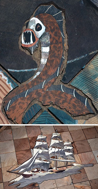 These intricate inlays of a sea serpent and wave-tossed ship accent Meadows' end-grain floor.