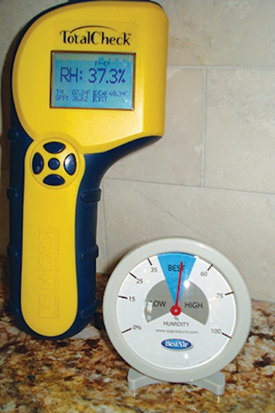 Just using a hygrometer is not enough-you need to make sure it's correct. Here a hygrometer that was left on the job site shows a substantially different reading than the properly calibrated hygrometer on the left. (Photo courtesy of Roy Reichow)