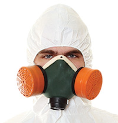 photo of a man wearing a hazmat suit
