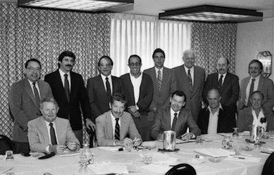 Keijo Hyvonen (back row at far right) was at this meeting in St. Louis in December 1985 when the National Wood Flooring Association was officially formed. Also seen are (seated left to right): Jack Wilcox, H.G. Roane Company; Ralph Singer, Diamond 'W' Supply; Lon Musolf, Lon Musolf Flooring; Roland Holder, Gentry & Holder Floors; Harold Reid, Trinity Floor Company; (standing, left to right): Gary Reynolds, Galleher Hardwoods; Steve Brown, Swift-Brown Distributors; Art Pedicini, Geysir Sales Corporation; Jack Coates, Golden State Flooring; Richard Steeneck, Hoboken Wood Floors; Virgil Hendricks, Mid-West Floor Company; and Eldon Robbins, Mid-West Floor Company.