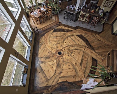 Members' Choice: Ourada Designs This solid plank wood floor was glued down and finished on site. The design uses a mix of pine, ash and cherry wood.