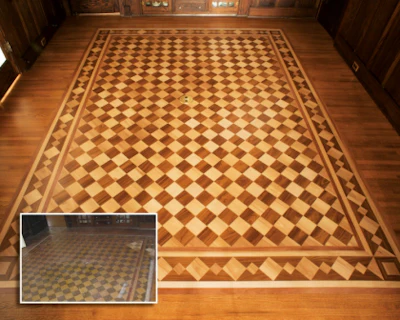 Best Restoration: Brookens Wood Floors Inc. The company used quartersawn red oak, beech, afrormosia and kempas wood to replicate a 1914 linoleum floor in a Sears catalog home.