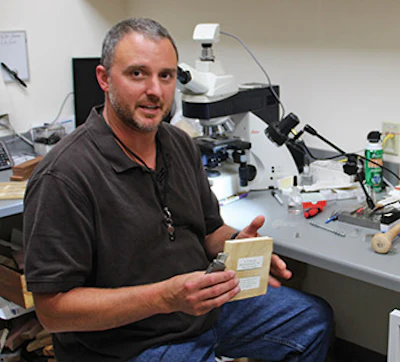 Alex Wiedenhoeft, Xyloscope co-inventor, in his office at the Forest Products Laboratory.