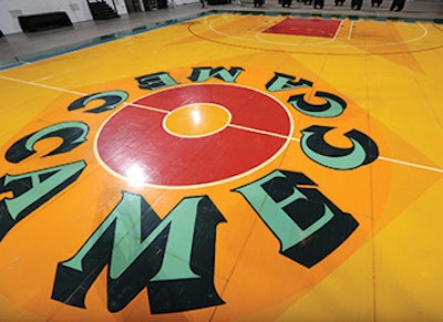 Top, the iconic original MECCA floor designed by artist Robert Indiana. Bottom, the MECCA panels seen from above and displayed as art in Milwaukee's historic City Hall. (Both photos by Lucian McAfee)