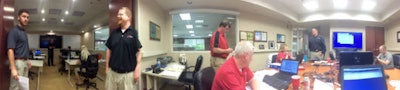 Key members of the Philadelphia Floor Store team working in a temporary 'command center' in Boothwyn, Pa.