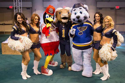 St. Louis sports team mascots and the Rams' cheerleaders were on hand for the 2015 NWFA Expo, April 29, 2015 in St. Louis. (Photo by David Stluka)