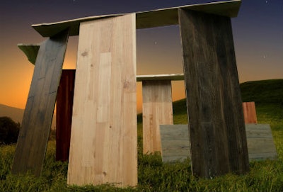 Woodhenge, built using Planet Hardwood's 30-inch-wide, 7-foot-tall flooring samples, was an idea developed by the company's marketer.
