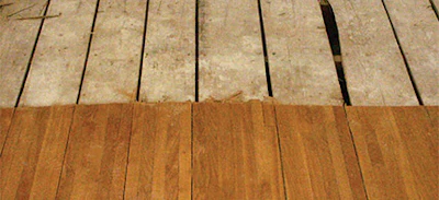 You can encounter any manner of subfloor when dealing with remodeling projects. Cutting away a portion of this wood flooring where tile was going to be installed revealed the old pine board subfloor that was causing the panelization of the existing flooring during winter months. New subflooring would have to be installed before any new flooring could be installed.