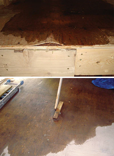 Not an uncommon scenario on a remodeling job: This is what happened when the roof was torn off the house before the wood flooring was supposed to be laid. Simply replacing the plywood is the fastest option.