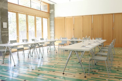 About 1,200 square feet of basketball court flooring was repurposed for this meeting room at the H2Hotel in California.