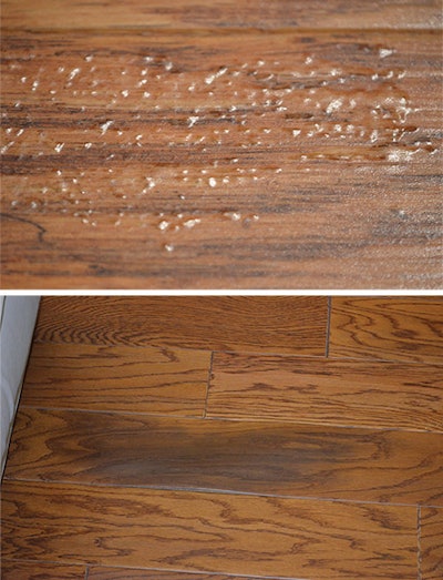 This moisture migration can manifest as bubbles/blisters in the flooring surface (above), and/or dark areas in some boards (bottom photo).