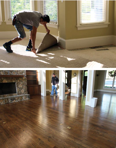 Top: Edwin Barrios has been working for The Hardwood Giant for 10 years. Bottom: The floors in the military veteran’s home show the effects of the previous owners mopping the floor.
