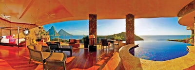 Jade Mountain “sanctuaries” feature 18 species of wood flooring, like taurino, seen here.