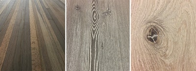 Left, the owner of this existing 1 1/2-inch red oak floor from a pre-World War II Twin Cities home didn't want it to look red, so an iron acetate was used to neutralize the red color (photo taken before finish was applied). Center, for this wire-brushed pine, a series of reactives were used before wax finish was applied. On the right, Belrose finds that for his clientele, sampling the right filler color 'is as important as wood color.' This sample is a livesawn white oak floor that was wirebrushed with no color added. Belrose used a light filler as opposed to competitive bids that had used black filler. 'What I want to do is be able to say we're getting rid of 86 percent of the hole. We still want it to look like a knot, but we don't want to lose our car keys in it,' he says.