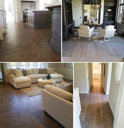 This WC Hardwood job had a request that could be challenging: make the existing flooring of two different species - 3,000 square feet of black walnut and 1,200 square feet of white maple - match with the same exact color. Originally the contract was to do black, which would have been simple, says company Vice President/Sales Jeremy Lorsung, but then the owner came up with another idea and the company did samples for two weeks until they satisfied the client with gray. The company sanded off the original dark stain on the walnut, hand-distressed it, palm-sanded, applied three coats of bleach, applied a light-gray dye, and applied a custom stain created from DuraSeal's True Black, Country White and Jacobean. For the maple, an engineered gunstock-colored floor, WC sanded the floor smooth and then applied one coat of bleach, the dye and the custom stain. All the flooring was coated with one coat of a shellac sealer to lock in the dye followed by three coats of Bona Traffic HD waterborne satin finish. In the photos above, the walnut is on the left and the maple is on the right.