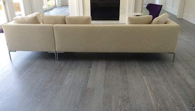 For this home in the Hamptons on Long Island in New York, Allstate Flooring installed 5-inch-wide white oak in 2- to 10-foot lengths and created the extremely popular ceruse effect using Rubio Fume and Super White 2C oil.