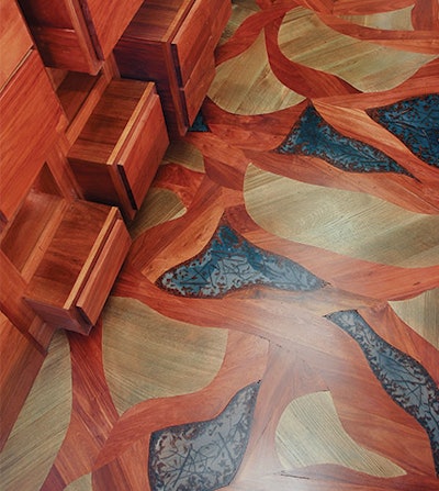 'Bramble Sky' features an organic web of mahogany with white oak and poured-resin shapes.