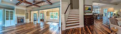 Reclaimed floors such as this mixed species floor (left) and red/white oak mix (right) suit the traditional southern aesthetic of the architecture in our area.