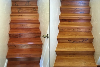 Joshua Smith created risers with Lichtenberg figures for the staircase in his split-level home.
