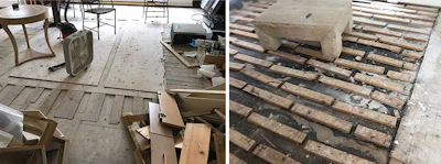 After a hurricane there are groups of people who cruise neighborhoods like gypsies offering to take out flooring for $X per square foot, and homeowners are in a rush to let the drying process begin. When we get there, we see all sorts of interesting things, like the subfloor at left (I'm not sure who did that, but I hope it was a carpenter and not a wood floor guy). This home also had Houston's trademark tar-and-screed subfloor (on the right) in an area with an addition. The plywood subfloor was directly over joists, so we would potentially be able to dry that out, rip out the shims and redo the necessary areas to have an acceptable subfloor. For the areas with the screeds and tar, we would want to take that down to a clean slab and let that dry before installing a new wood floor.