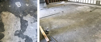 We looked at this job maybe only one and a half weeks after the hurricane; I was amazed they had made so much progress. For the area on the left, we will end up chipping out all that tar and what we call patch so we are down to the original slab. Then we will do our usual slab prep with a self-leveling underlayment and a moisture membrane before shooting a new plywood subfloor to the slab. The area on the right had a plywood subfloor; the slab just needs to dry before we start installing.