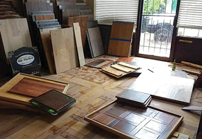 Wood flooring samples lay in place after the flood waters receded.