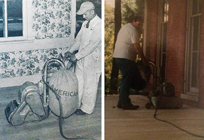 Left, John Galebach, founder of Galebach's Flooring, sands a floor in 1952. Right, Karen Haldeman's husband John on the job site in 1995, two years before he passed away and Karen took over the business.